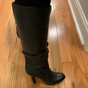 Wide calf, slouchy, black leather boots 9.5